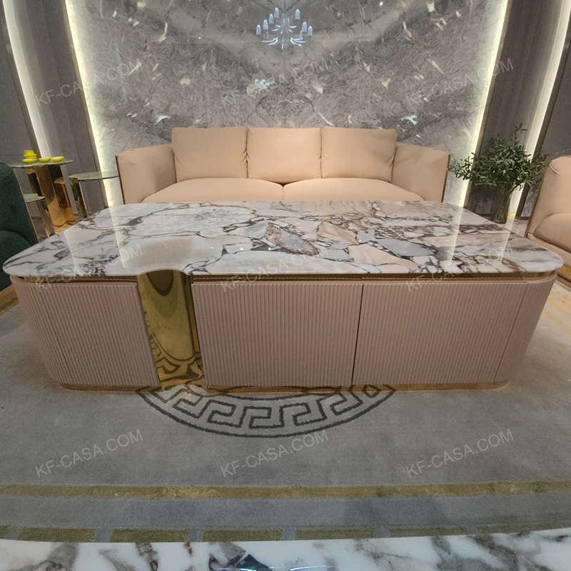 Scalloped Marble Coffee Table with Fluted Cream Base and Polished Metal Column